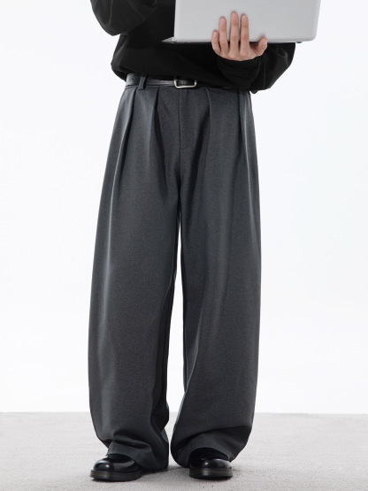 Men's Pleated Dress Pants – Autumn Smooth Drape Wide-Leg Trousers, Loose Straight Fit Vintage Casual Streetwear