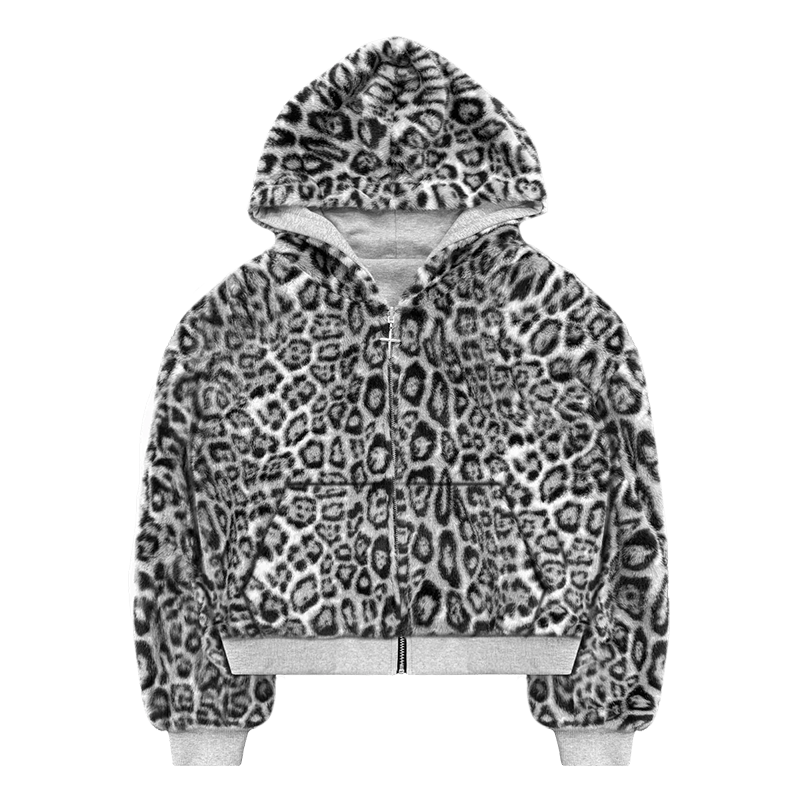 2025 New Men's Zip Hoodie, Heavyweight Jacket with Leopard Print, Double-Sided Wear (Gray/Leopard Print)