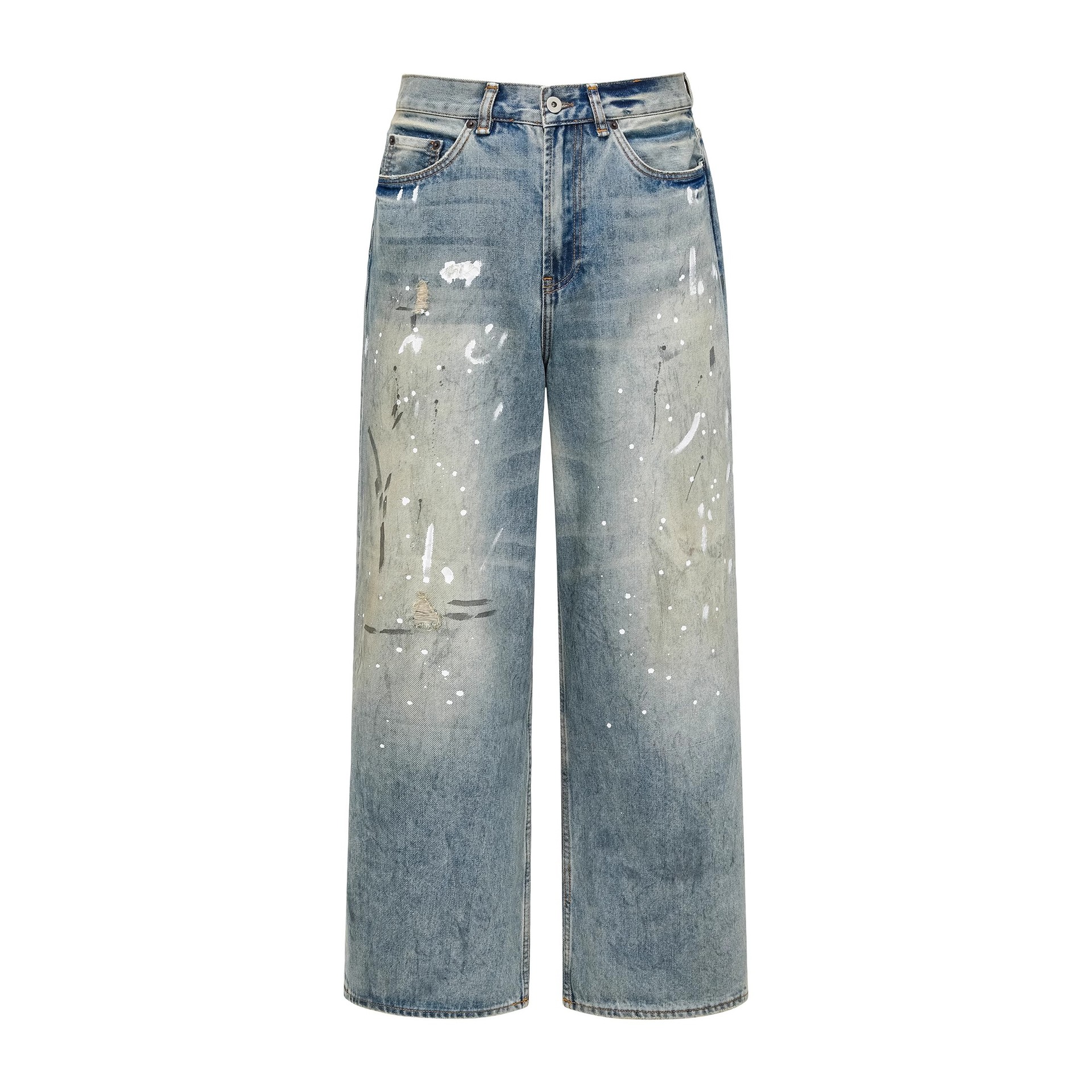 Unisex Vintage American High Street Wide-Leg Distressed Denim Pants – Dropped Hem, Spray-Paint Streaks & Worn-In Design, Street Fashion