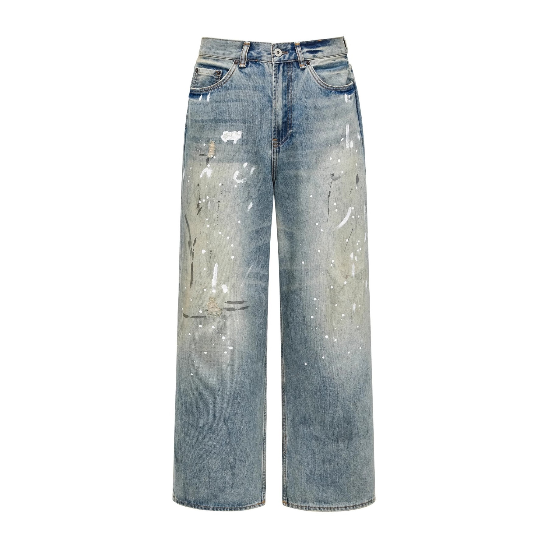 Unisex Vintage American High Street Wide-Leg Distressed Denim Pants – Dropped Hem, Spray-Paint Streaks & Worn-In Design, Street Fashion