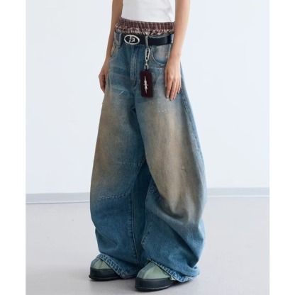 Men's Retro American High-Waist Curved-Cut Jeans – Fall & Winter Loose Wide-Leg Streetwear Denim Pants, Slimming Draped Trousers with High-Fashion Design