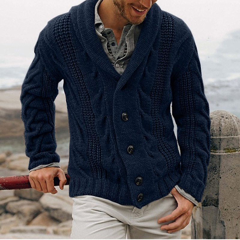 Men Solid Casual Cardigan Long Sleeve Single-Breasted Turndown Sweater