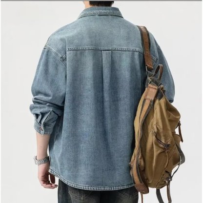 Spring Fall New Men's Washed Vintage Denim Shirt Jacket Casual Streetwear Outerwear