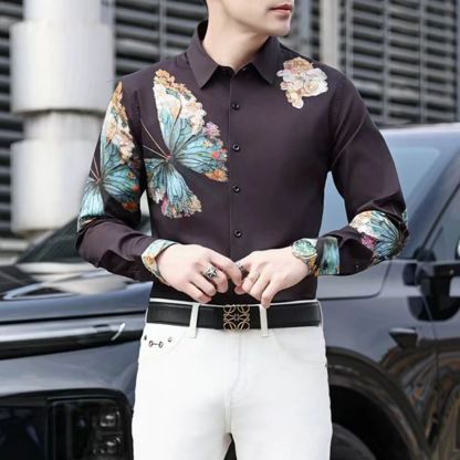 Men’s Street Style Slim Fit Floral Shirt 3D Digital Print Long Sleeve Lapel Casual Fashion Top