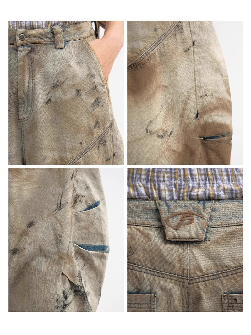 Men’s Washed Vintage Wide-Leg Jeans Heavy Washed Loose Fit Denim Curved Blade Cut Trousers