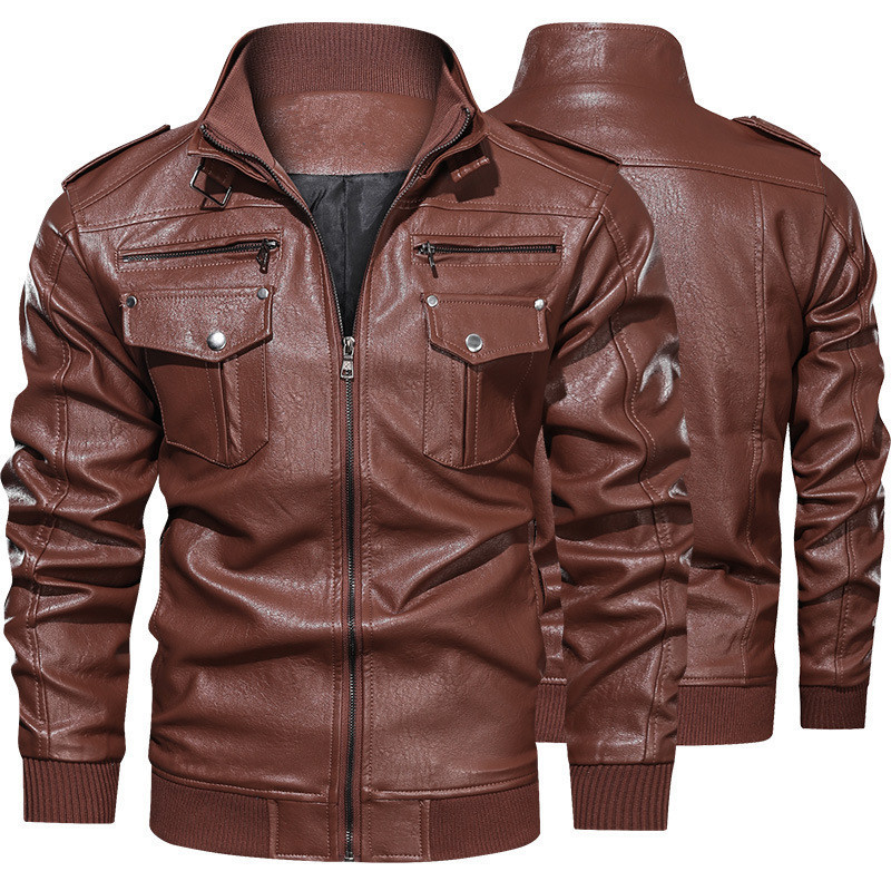 Men's Leather Sports t Washed Retro Front Pockets Genuine Leather Jacket