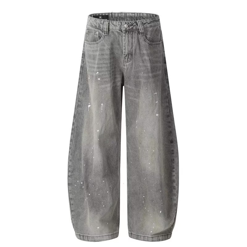 Men's Gray Splatter Denim Jeans Loose Straight Wide-Leg Washed Vintage American Street Style