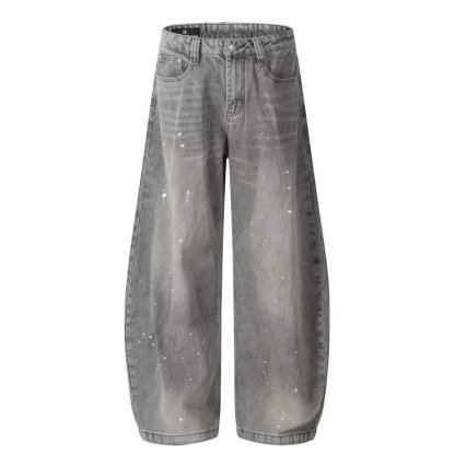 Men's Gray Splatter Denim Jeans Loose Straight Wide-Leg Washed Vintage American Street Style