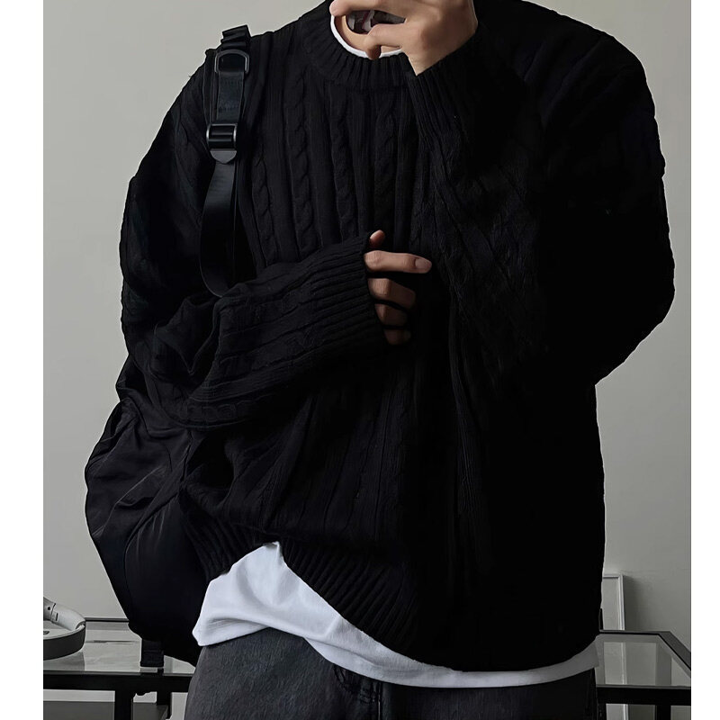 Men's Winter Chunky Cable Knit Sweater Loose Fit Warm Crew Neck Pullover Knitwear