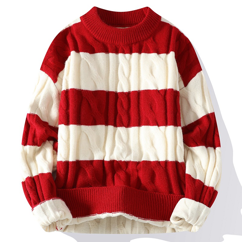 Men's Thick Striped Color-Block Sweater – Classic Crew Neck Pullover Knitwear, Warm and Casual American Street Style
