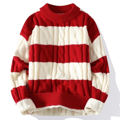 Men's Thick Striped Color-Block Sweater – Classic Crew Neck Pullover Knitwear, Warm and Casual American Street Style
