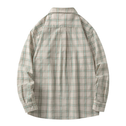 Men’s Japanese Vintage Plaid Shirt – Spring Fall Long-Sleeve Casual Overshirt, Breathable and Versatile Streetwear Style
