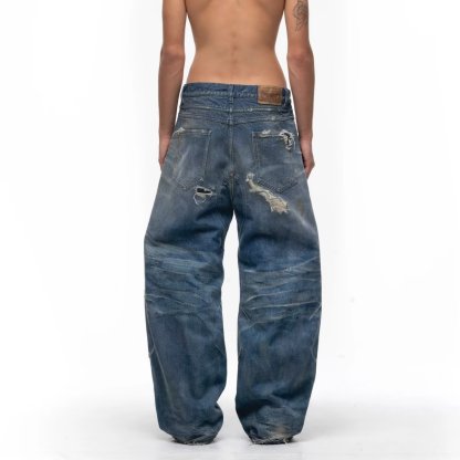 Men’s Vintage American Style Loose Fit Jeans – Distressed Ripped Denim Trousers with Relaxed Draping Silhouette