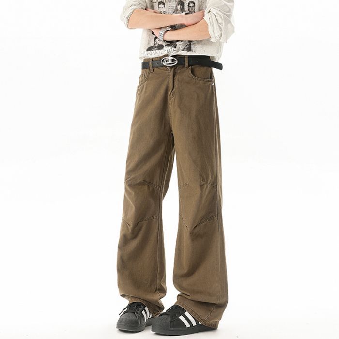 Men’s Curved-Leg Cargo Pants | Vintage Thick Workwear Straight Pants | American Street Style Fall & Winter Collection