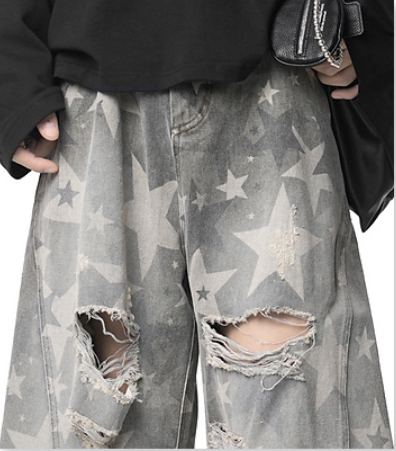 Unisex Vintage Star Print Distressed Jeans – American Retro Punk Style Wide-Leg Denim Pants for Streetwear Lovers