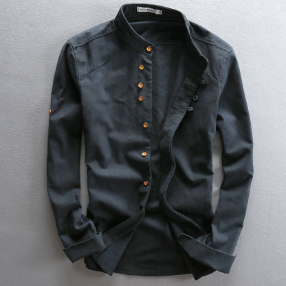 Men's Casual Stand-Up Collar Cotton And Linen Shirt