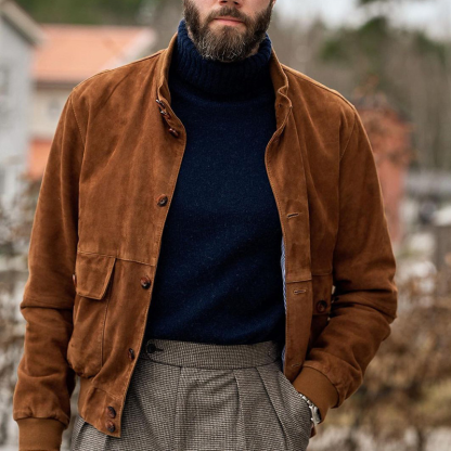 New Men's Fall And Winter Stand Collar Jacket, British Style Autumn Coat, Brown Single-Breasted Autumn Outerwear with Large Pockets