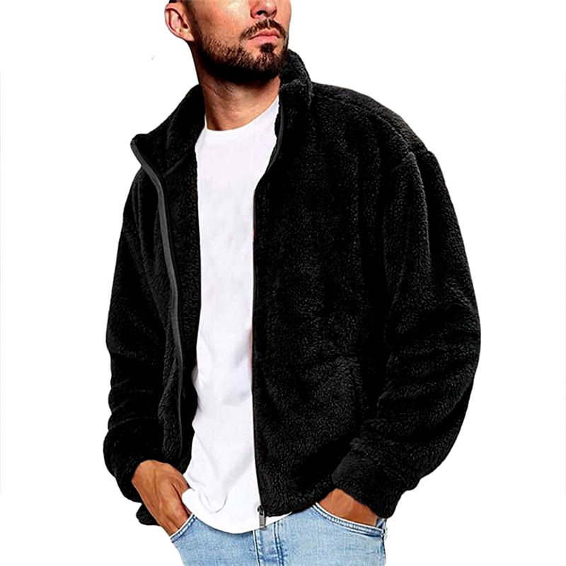 Minimalist Men's Warm Plush Jacket Coat, Solid Color Stand Collar Zip Front Sweatshirt, Casual Fall Winter Outerwear for Everyday Wear