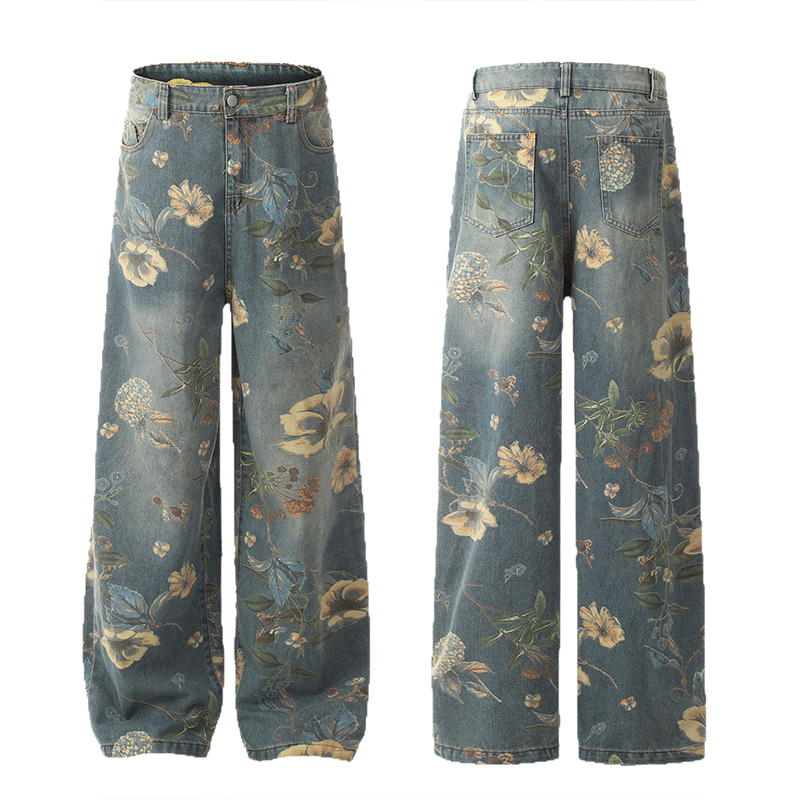 Men's Vintage All-Over Floral Print Washed Jeans, Casual Streetwear Wide Leg Denim Pants