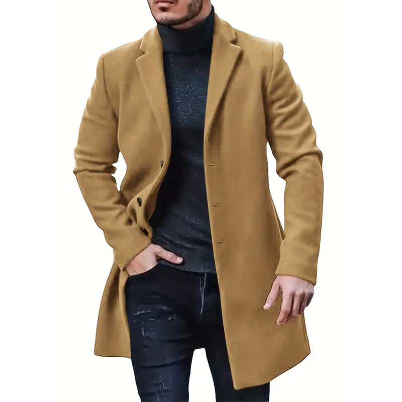Men's Wool-Like Overcoat, Single-Breasted Knee-Length Overcoat for Business Casual, Classic Notch Lapel Long Coat for Men