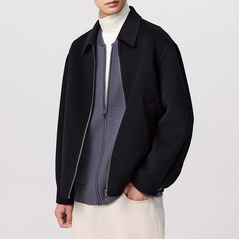 Men's Executive Wool Bomber, Zipper Front Notch Lapel Coat, Short Style Business Casual Winter Jacket