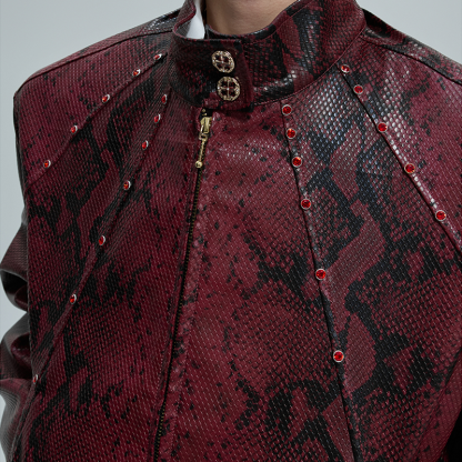 New Men's Python Texture Leather Jacket, Red Gem Studded Stand Collar Punk Coat