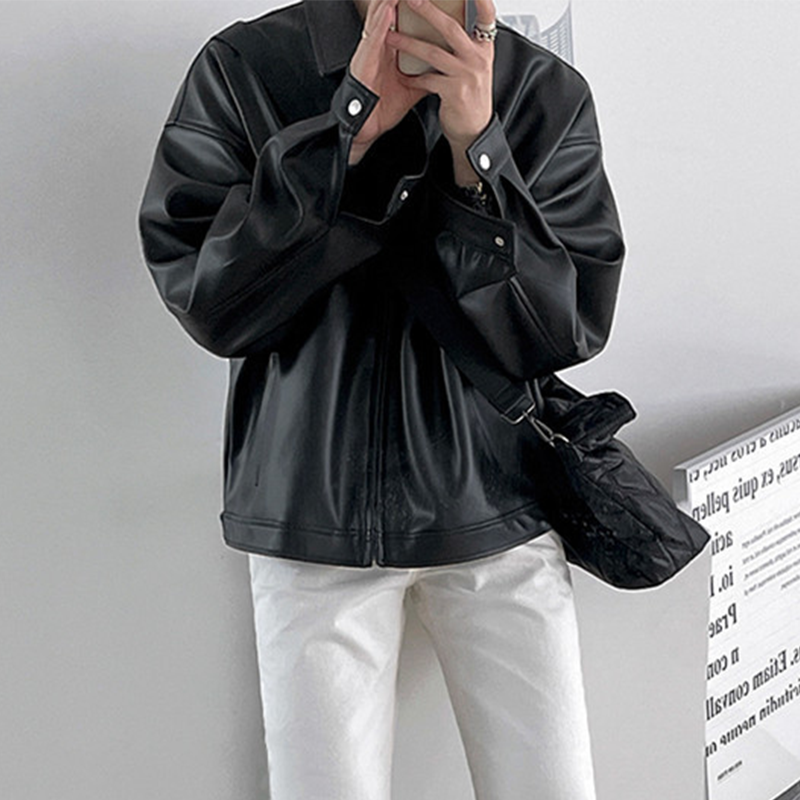 Classic Black Leather Jacket For Men, Casual Baseball Bomber Jacket, Versatile Motorcycle Style Jacket For Everyday Wear