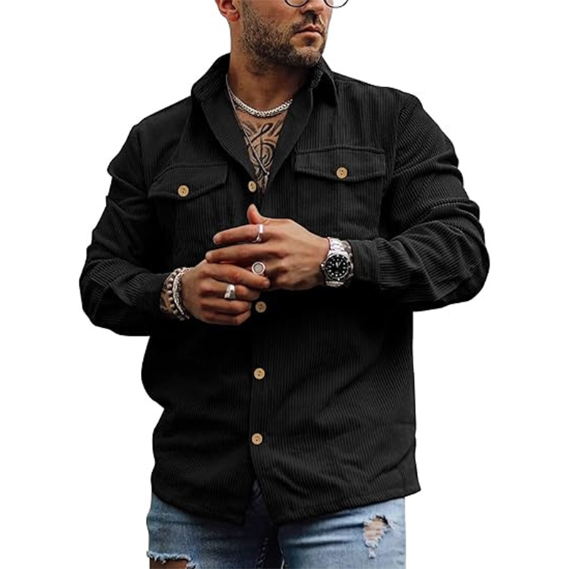 2025 Men's Corduroy Button Shirt Jacket Retro Striped Workwear Double 