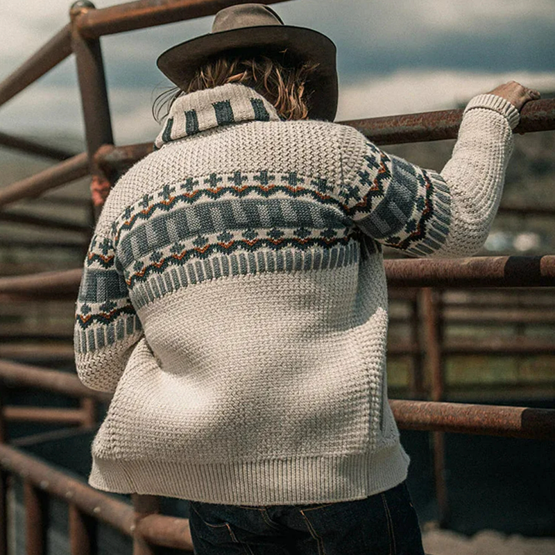 Retro Geometric Pattern Lapel Zip-Up Knitted Jacket