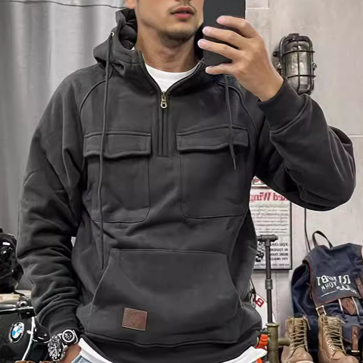 Men Tactical Sweatshirt Quarter Zip Cargo Pullover Hoodies Outdoor Winter Jacket