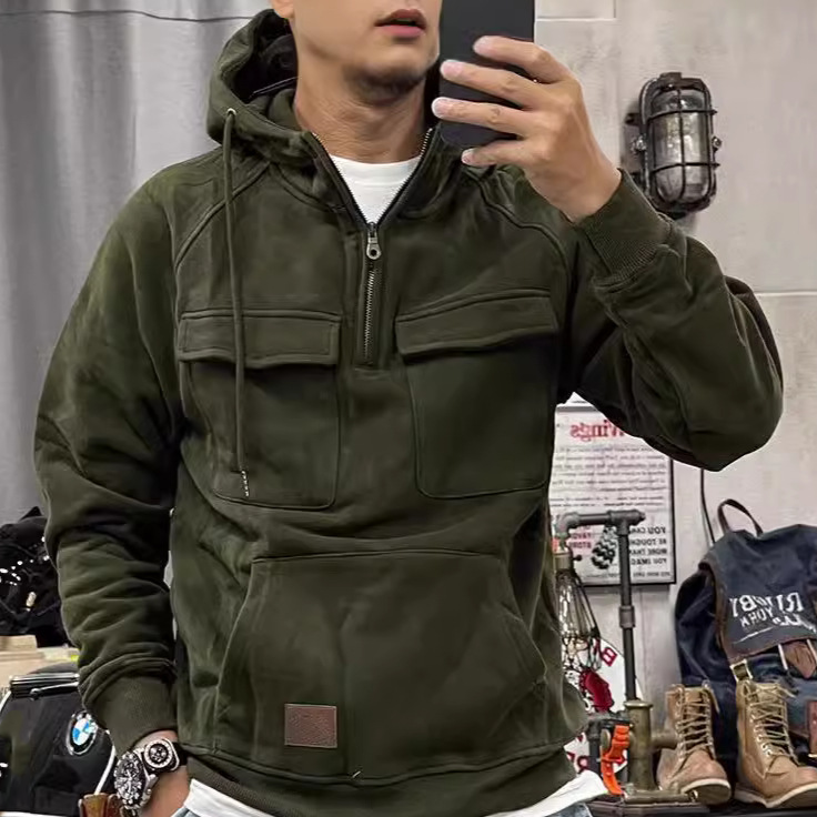 Men Tactical Sweatshirt Quarter Zip Cargo Pullover Hoodies Outdoor Winter Jacket