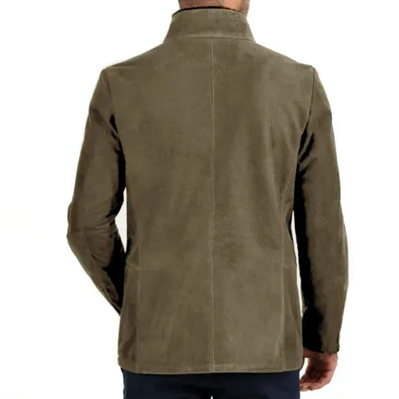Men Vintage Stand Collar Suede Blazer Side Zip Fly Contrast Leather Webbing Medium Length Jacket Coats