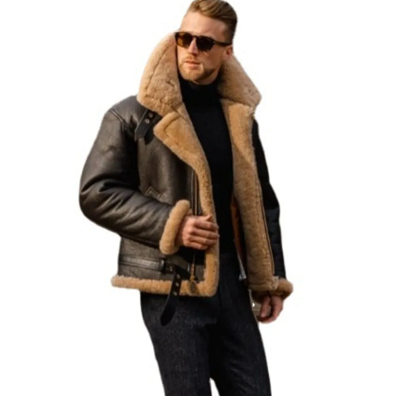 Men's Thickened Dark Coffee Fur Integrated Long Sleeve Fur Jacket