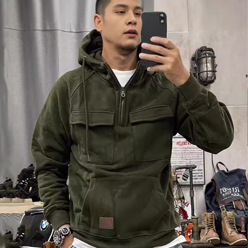 Men Tactical Sweatshirt Quarter Zip Cargo Pullover Hoodies Outdoor Win