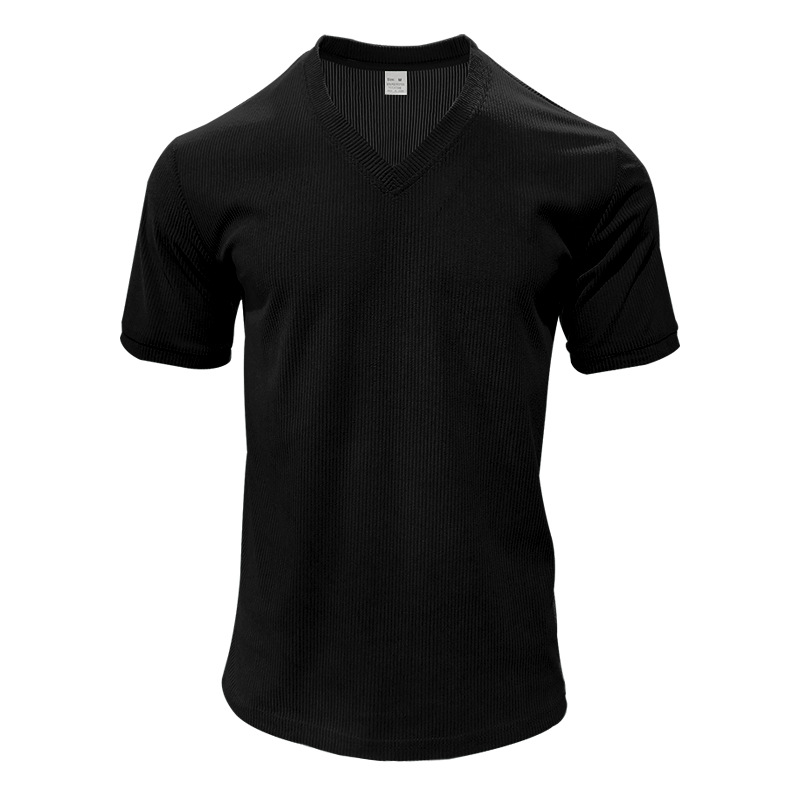 Men's Slim Fit Ribbed V-Neck Tee - Solid Breathable Summer Casual Shirt