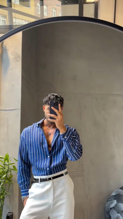 Men's Summer Vertical Striped Long-Sleeved Shirt Casual Versatile