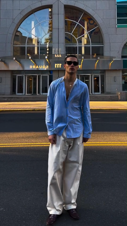 Four-Sided Stretch Digital Printing Striped Long-Sleeved Lapel Men's Shirt High-End Men's Shirt