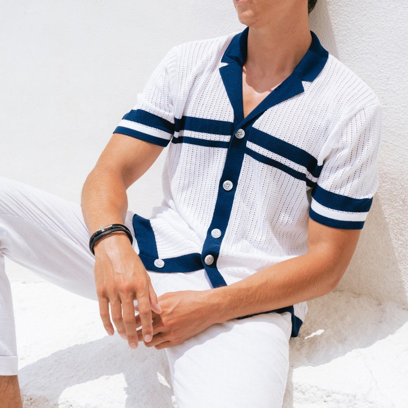 Men's Knitted Short-Sleeve Blended Color Shirt With Turn-Down Collar