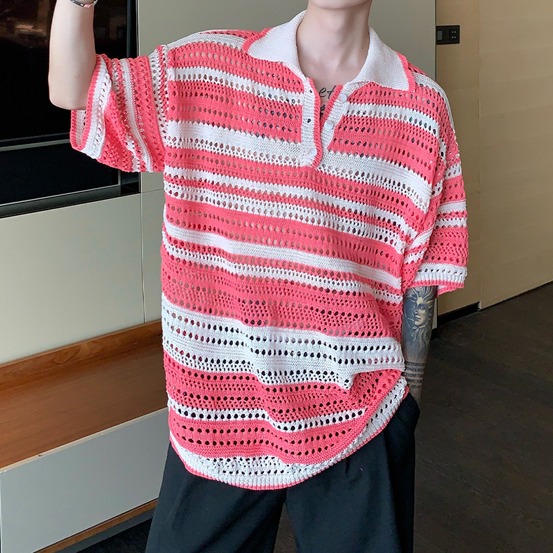 Men's Summer Vintage Striped Cutout Polo Shirt