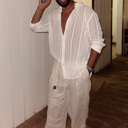Men's White Semi-Sheer Striped Button-Down Shirt