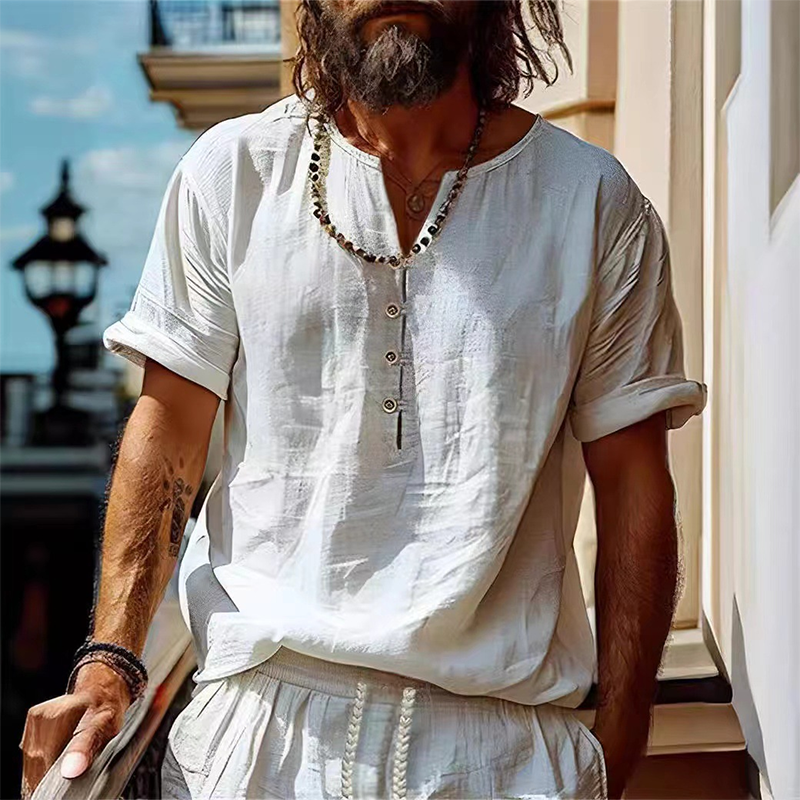 Vintage Men's Cotton Linen Short Sleeve Shirt - Breathable Summer Casual Shirt For Beach, Travel And Everyday Wear