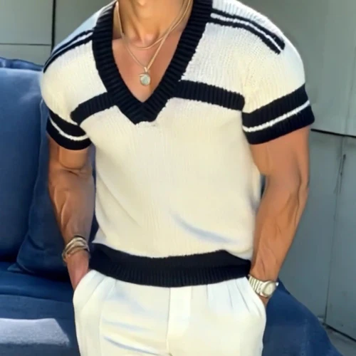 Men's Casual V-neck Striped Jacquard Slim Fit Knitted Short-sleeved Sweater T-Shirt