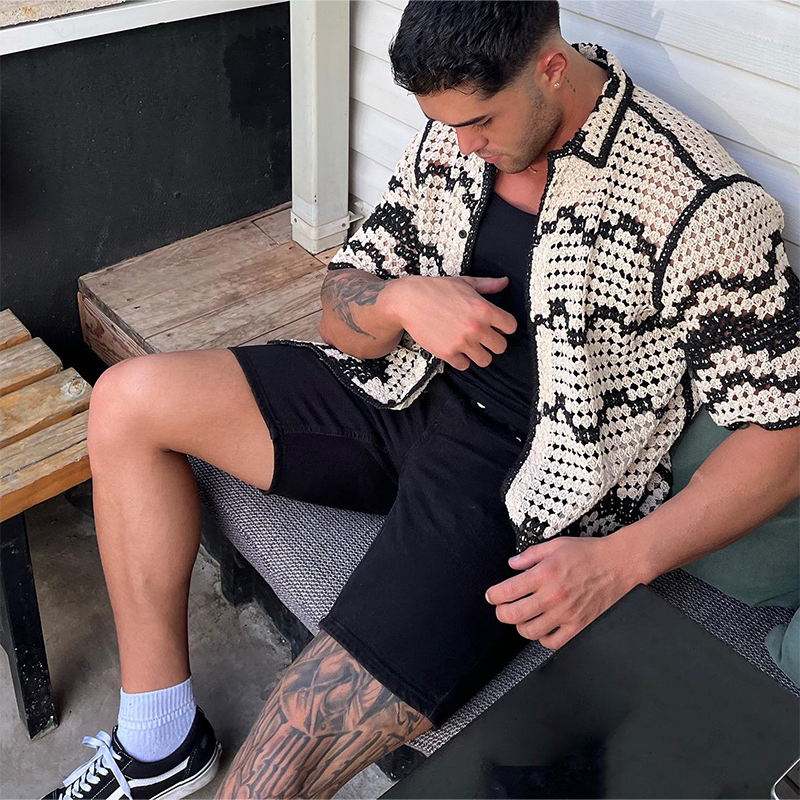 Men's Crochet Black & White Contrast Shirt, Bohemian Beach Shirt, Fashionable Y2K Hollow Top