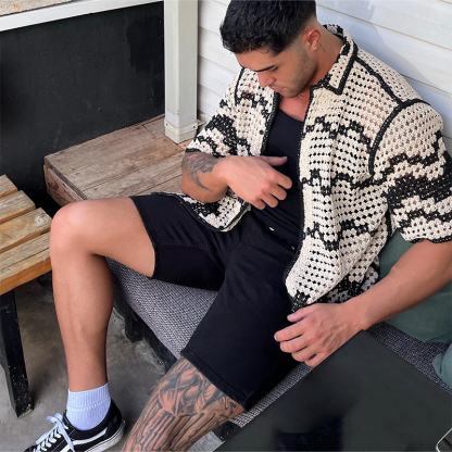 Men's Crochet Black & White Contrast Shirt, Bohemian Beach Shirt, Fashionable Y2K Hollow Top