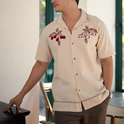 Men's Cherry Embroidery Caribbean Beige Shirt