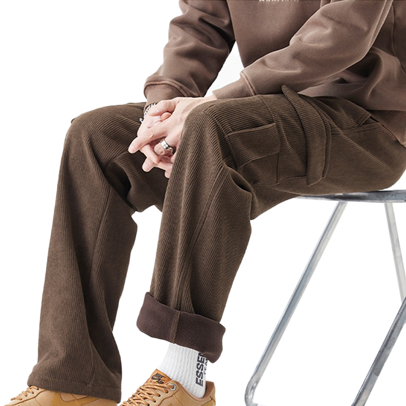 Men's Heavyweight Retro Corduroy Cargo Pants, Fall and Winter Warm Casual Men's Trousers, Fleece Lined, Winter Warm Wide Leg Relaxed Fit Workwear Trousers