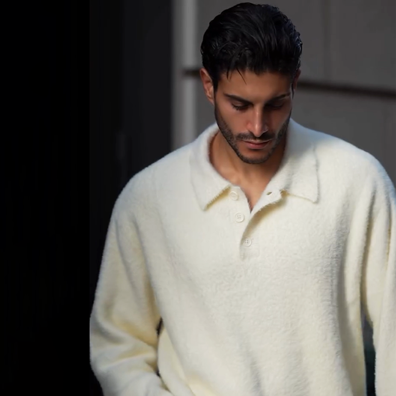 Men's Plush Knit Polo Sweater, Long Sleeve Soft Relaxed Fit Fuzzy Mock Neck Pullover, Fall Winter Casual Thermal Sweater