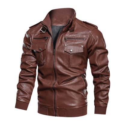 Men's Leather Sports t Washed Retro Front Pockets Genuine Leather Jacket