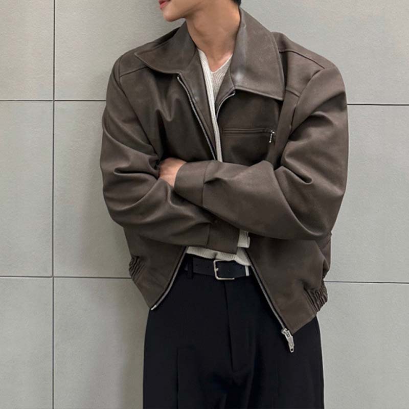 Rebellious Short Leather Jacket For Men, Spring Loose-Fit Turn-Down Collar Moto Style, Trendy Niche Leather Coat, Versatile Fashion Jacket For Everyday Wear