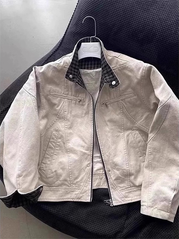 Men's Heavyweight Washed Canvas Stand Collar Denim Jacket, Spring & Fall Harrington Workwear Bomber Coat, Streetwear-Inspired Utility Jacket